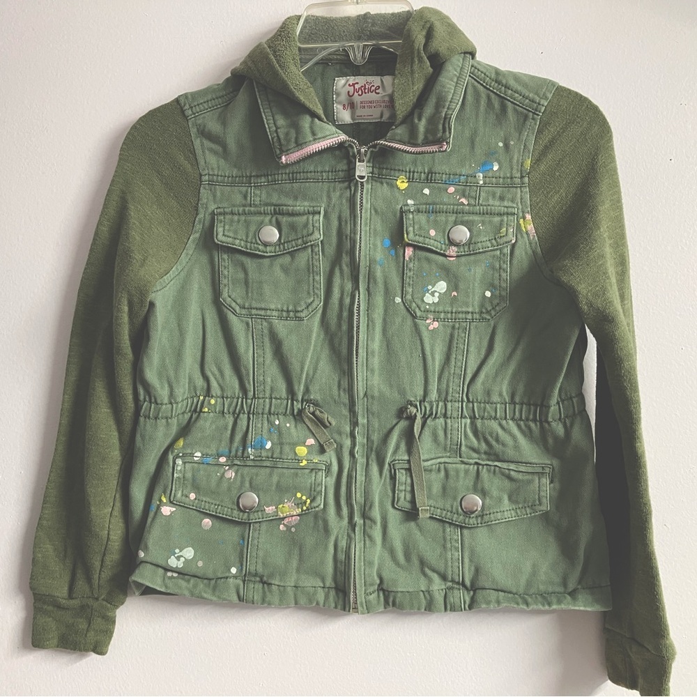 Girl’s Hooded Jacket, 8-10, Faded Olive Green, Full Front Zipper, by Justice